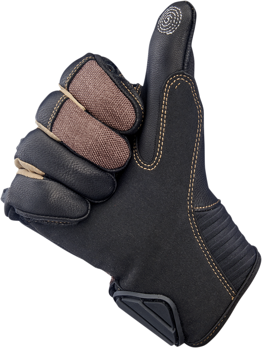 BILTWELL Bridgeport Gloves in chocolate leather, small size, showcasing detailed stitching and snug fit for motorcycle riding.