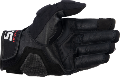 Alpinestars Halo Gloves in black and white, large size, featuring protective knuckles and secure wrist closure for motorcycle riding.