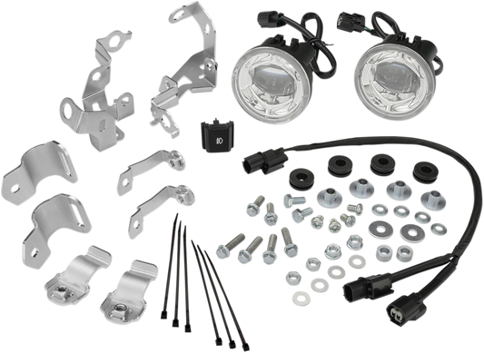 Bill's Exhausts SHOW CHROME fog lights for GL1800 motorcycle, lower engine-mounted light assembly with chrome finish.