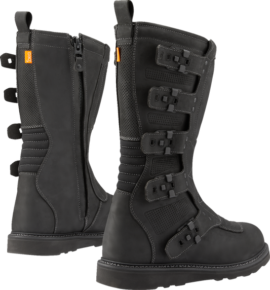Black ICON Elsinore 2™ CE Boots in size 10, featuring sturdy leather construction and ankle support from Bill's Exhausts.