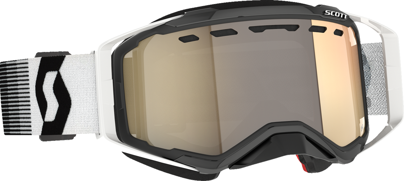 Scott Prospect Snow Cross Goggle with light-sensitive bronze chrome lens in black and white for winter sports and snowboarding.