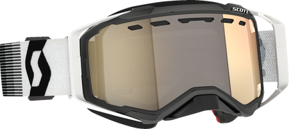 Scott Prospect Snow Cross Goggle with light-sensitive bronze chrome lens in black and white for winter sports and snowboarding.