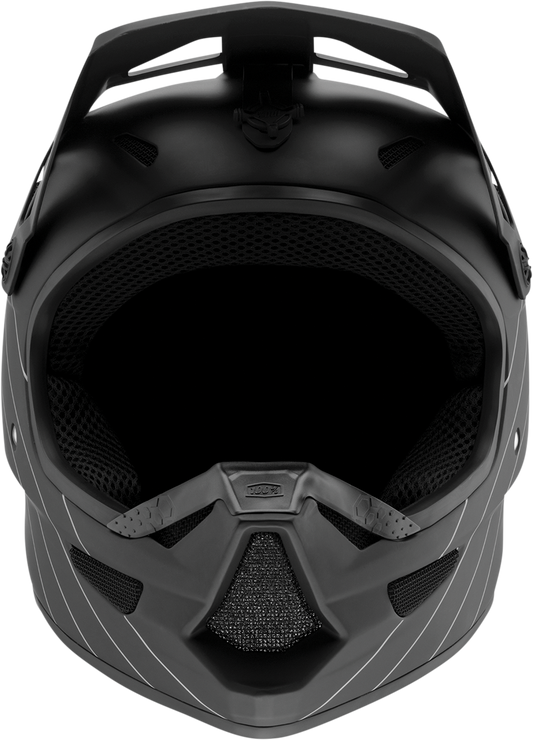 Black 100% Status bicycle helmet in large size, featuring a sleek aerodynamic design and adjustable straps for safety.