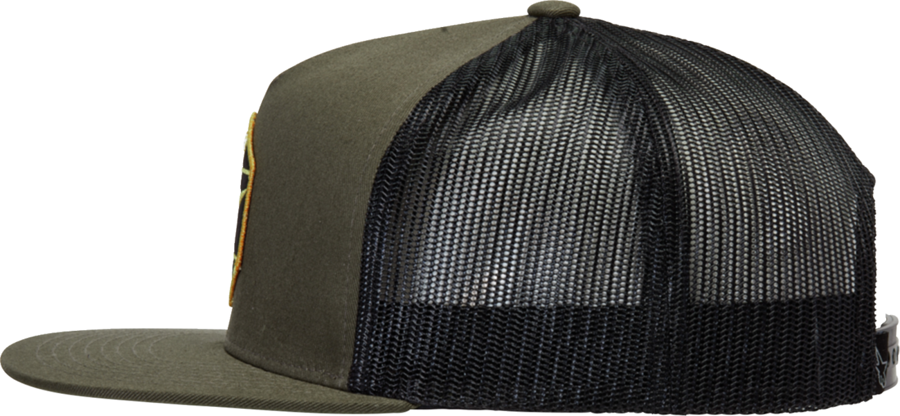 Alpinestars Bolt Trucker Hat in military black with adjustable one size fits all design, featuring the Alpinestars logo.