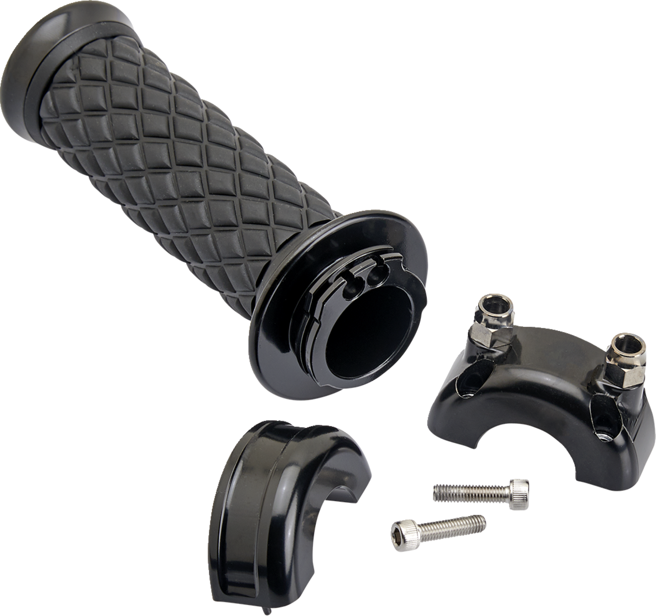 Black BILT WELL Alumicore motorcycle grips with a textured surface, designed for custom fitting on bikes by Bill's Exhausts.