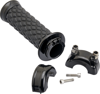 Black BILT WELL Alumicore motorcycle grips with a textured surface, designed for custom fitting on bikes by Bill's Exhausts.