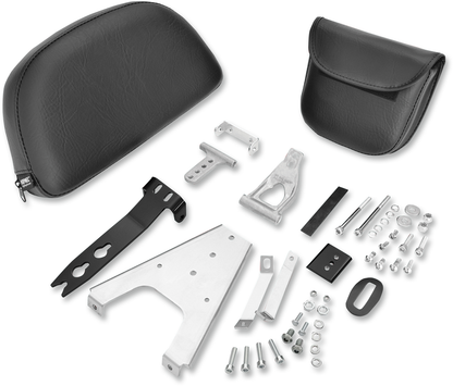 Black show chrome backrest for Indian motorcycle engine by Bill's Exhausts, featuring polished chrome details and sturdy construction.