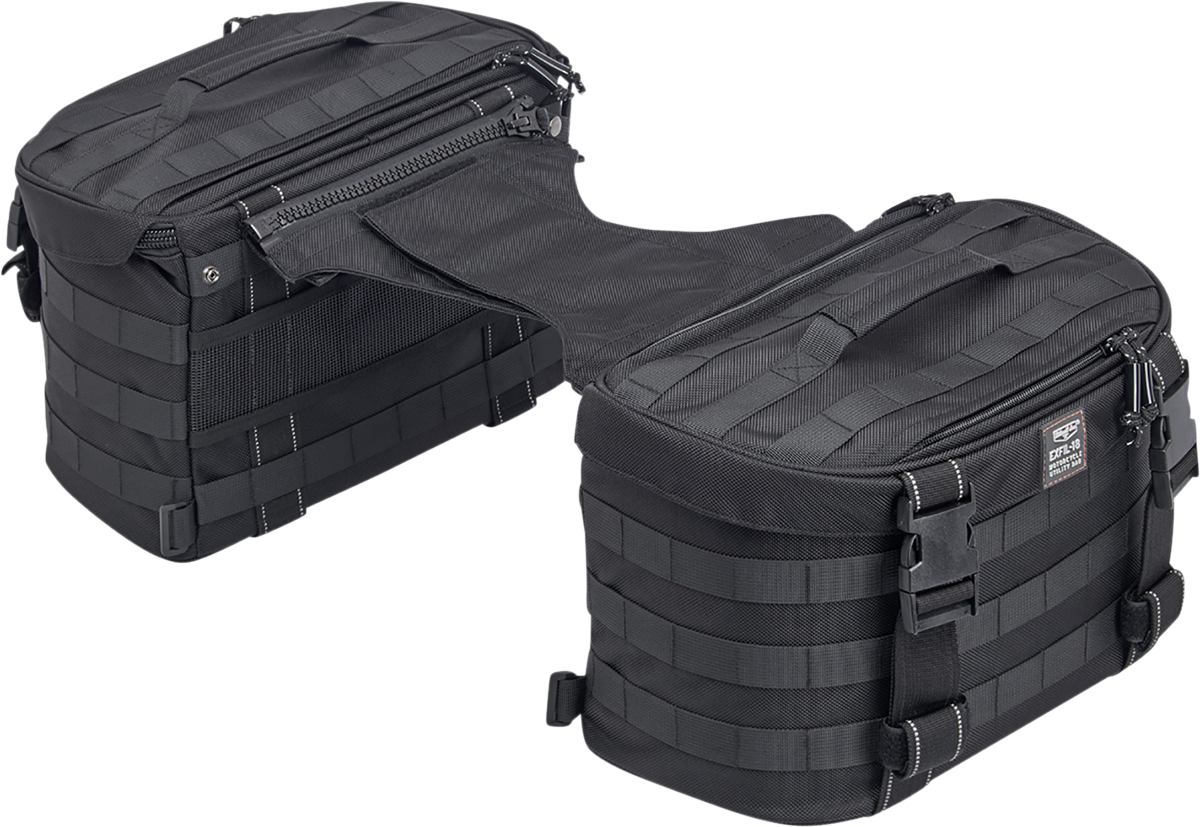 Black BILTWEll EXFIL-18 Saddlebags on a motorcycle, showing durable storage bags with sleek design and secure mounting.