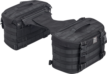 Black BILTWEll EXFIL-18 Saddlebags on a motorcycle, showing durable storage bags with sleek design and secure mounting.