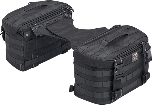 Black BILTWEll EXFIL-18 Saddlebags on a motorcycle, showing durable storage bags with sleek design and secure mounting.