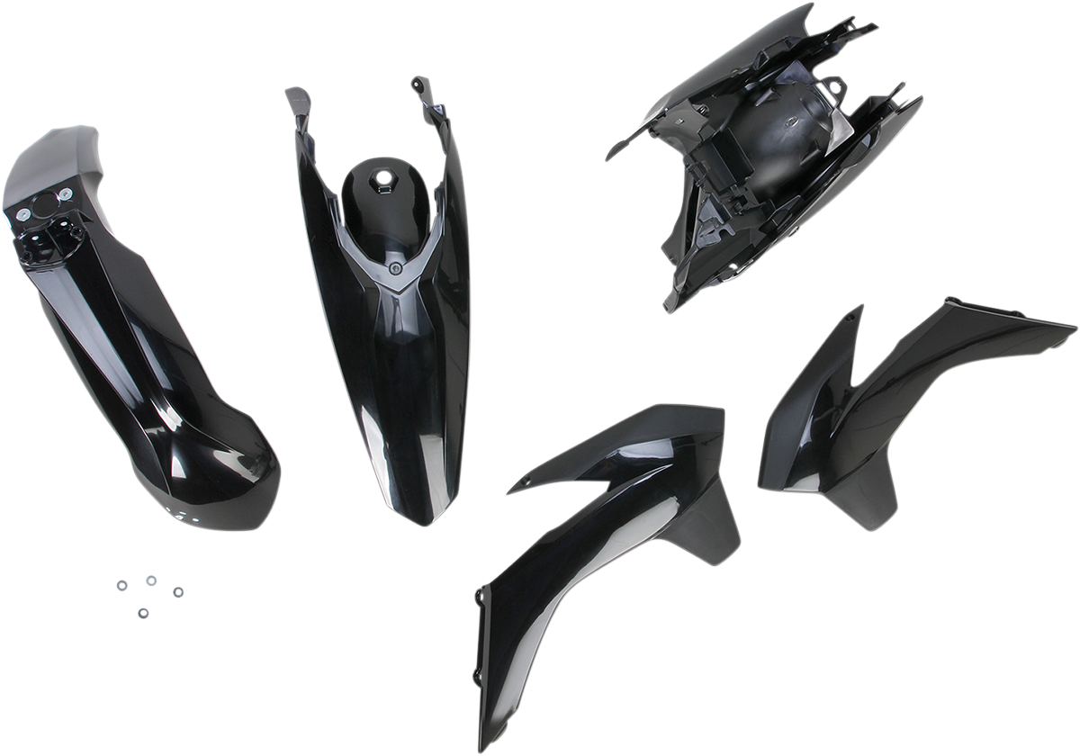 Black Acerbis standard replacement body kit for motorcycles, featuring sleek, durable plastic panels with brand-specific design details.