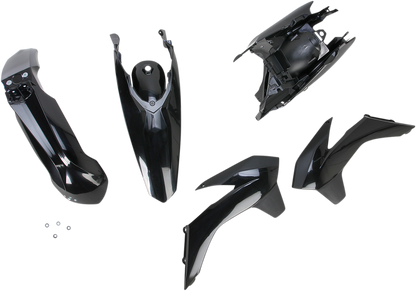 Black Acerbis standard replacement body kit for motorcycles, featuring sleek, durable plastic panels with brand-specific design details.