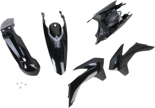 Black Acerbis standard replacement body kit for motorcycles, featuring sleek, durable plastic panels with brand-specific design details.