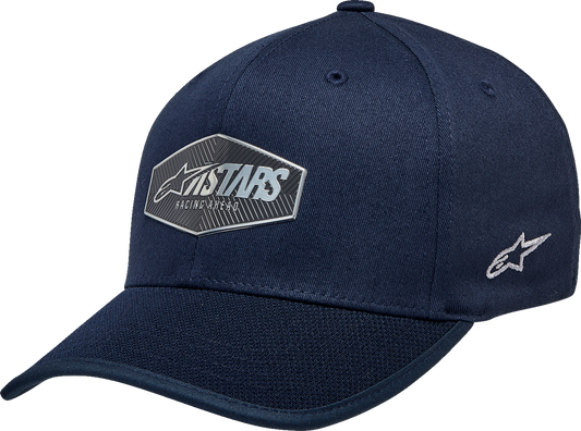 Navy Alpinstars emblem hat in small/medium size with embroidered logo, casual accessory for outdoor or everyday wear.