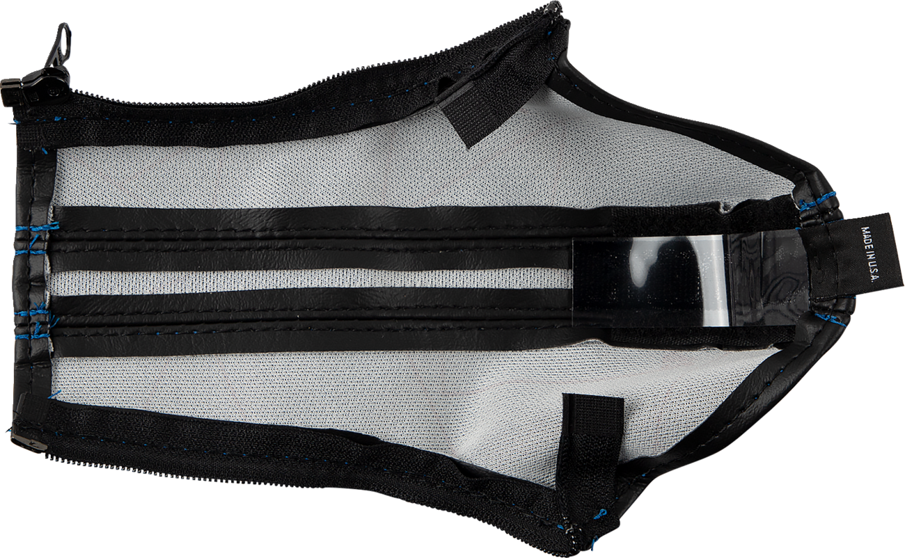 Blue stitched Show Chrome E-Brake cover for Slingshot engine, designed by Bill's Exhausts, with a sleek chrome finish.