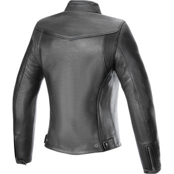 Black Alpinestars Stella Tory leather motorcycle jacket in large size, featuring sleek design and durable leather construction.