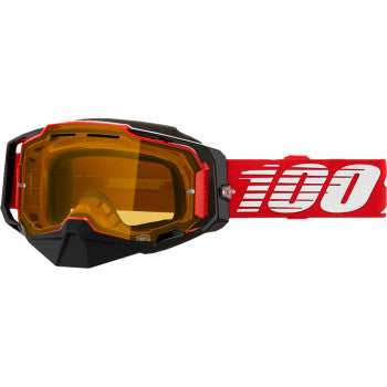 Bill's Exhausts 100% Armega Snow Goggle in red and yellow, showcasing its sleek design and adjustable strap for winter sports.