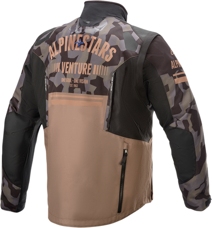 Alpinestars Venture Sand Camo Jacket in XL, showcasing durable fabric, camo pattern, and adjustable features for outdoor adventures.