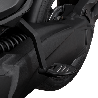 Show chrome adjustable passenger board for engine by Bill's Exhausts, featuring a sleek chrome finish and sturdy mounting brackets.