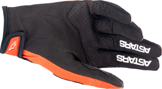 Alpinestars Techstar racing gloves in hot orange and black, size small, featuring protective knuckles and breathable fabric.