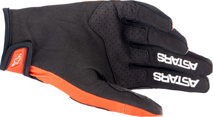 Alpinestars Techstar motorcycle gloves in hot orange and black, medium size, showing the protective design and branding details.