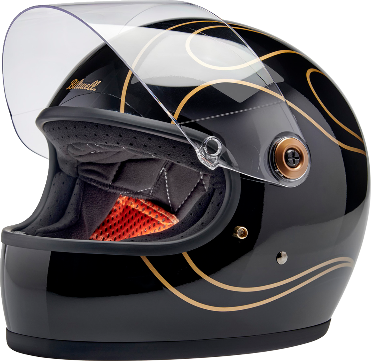BILTWELL Gringo S helmet in gloss black with flame design, 2XL size, featuring a sleek motorcycle helmet style with branding details.