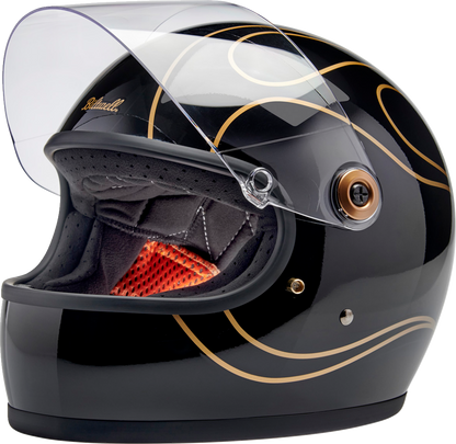 BILTWELL Gringo S helmet in gloss black flames, small size, featuring a stylish motorcycle helmet with flame design and aerodynamic shape.