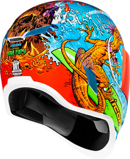 Large ICON Airform Dino Fury helmet by Bill's Exhausts, featuring a vibrant dinosaur graphic and aerodynamic design.