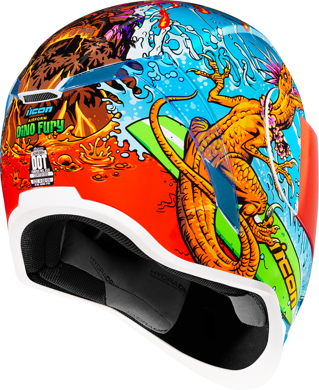 ICON Airform Dino Fury helmet in medium size, featuring a colorful dinosaur design and aerodynamic helmet shape.