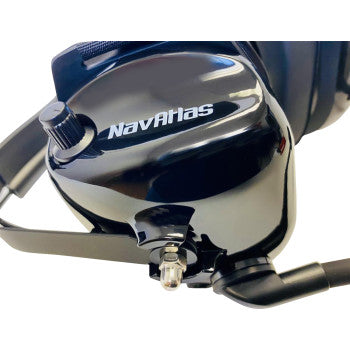 Black Bill's Exhausts NAVATLAS behind-the-head stereo and VOX headset with adjustable headband and microphone for communication.