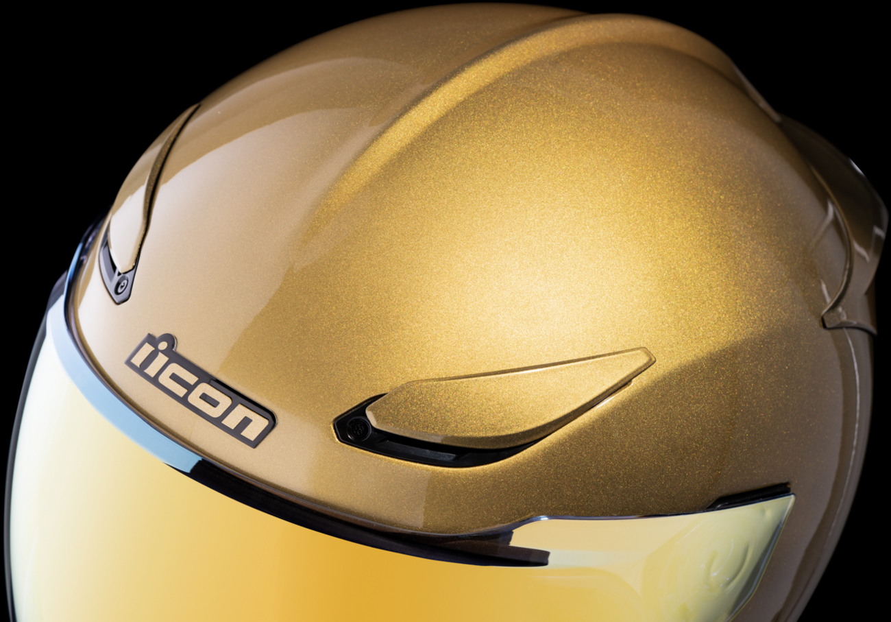 Bill's Exhausts ICON Domain™ Helmet Cornelius in gold, small size, showing the sleek motorcycle helmet with vent details.