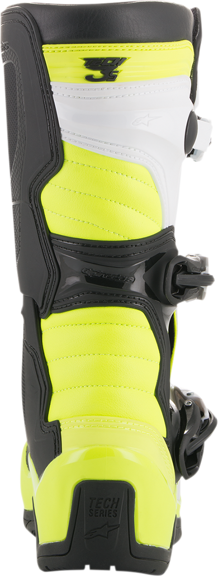 Alpinestars Tech 3S motorcycle boots in black, white, and fluorescent yellow with protective features and sturdy sole.
