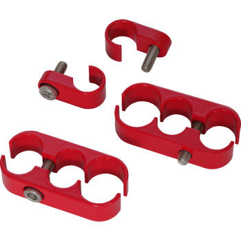 SHOW CHROME Hose Clamp Set for Slingshot, brand Bill's Exhausts, featuring red and chrome finish with multiple sizes for secure fitting.