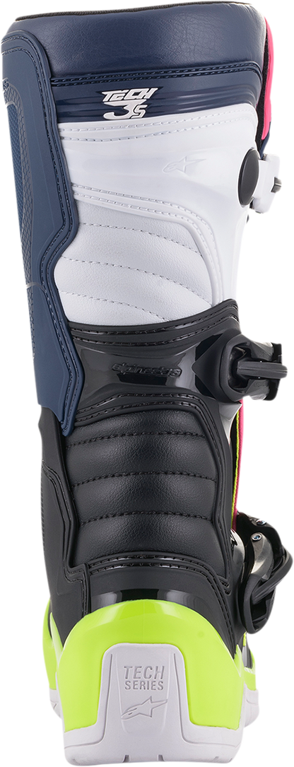 Alpinestars Tech 3S motorcycle boots in black, blue, pink, white, and yellow with durable construction and reinforced ankle protection.