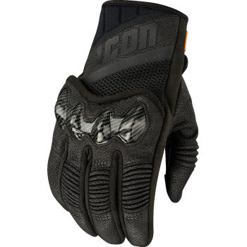 Black ICON Contra3™ gloves in large size, showing textured leather and protective knuckle design, by Bill's Exhausts.