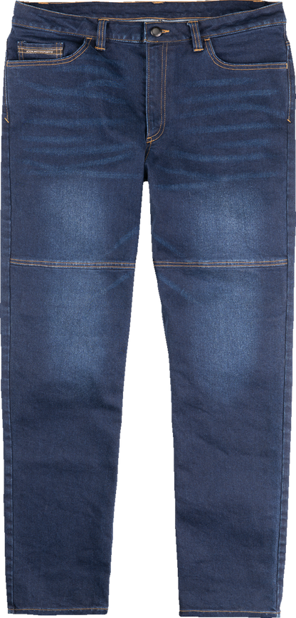 Blue ICON Uparmor Covec Jean by Bill's Exhausts, front view showing slim fit design, denim fabric, and classic five-pocket style.