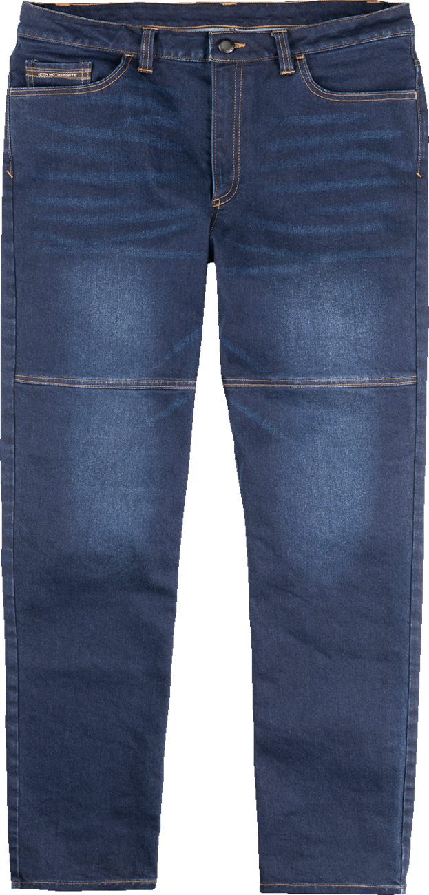 Blue ICON Uparmor Covec Jean by Bill's Exhausts, front view showing durable denim fabric and classic jean style with stitching details.
