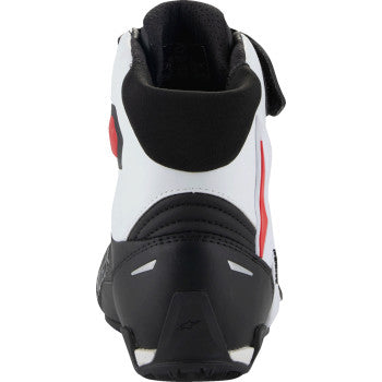 Alpinestars Faster-4 motorcycle shoes in black, white, and red with US 11.5 size, featuring protective design and sporty style.