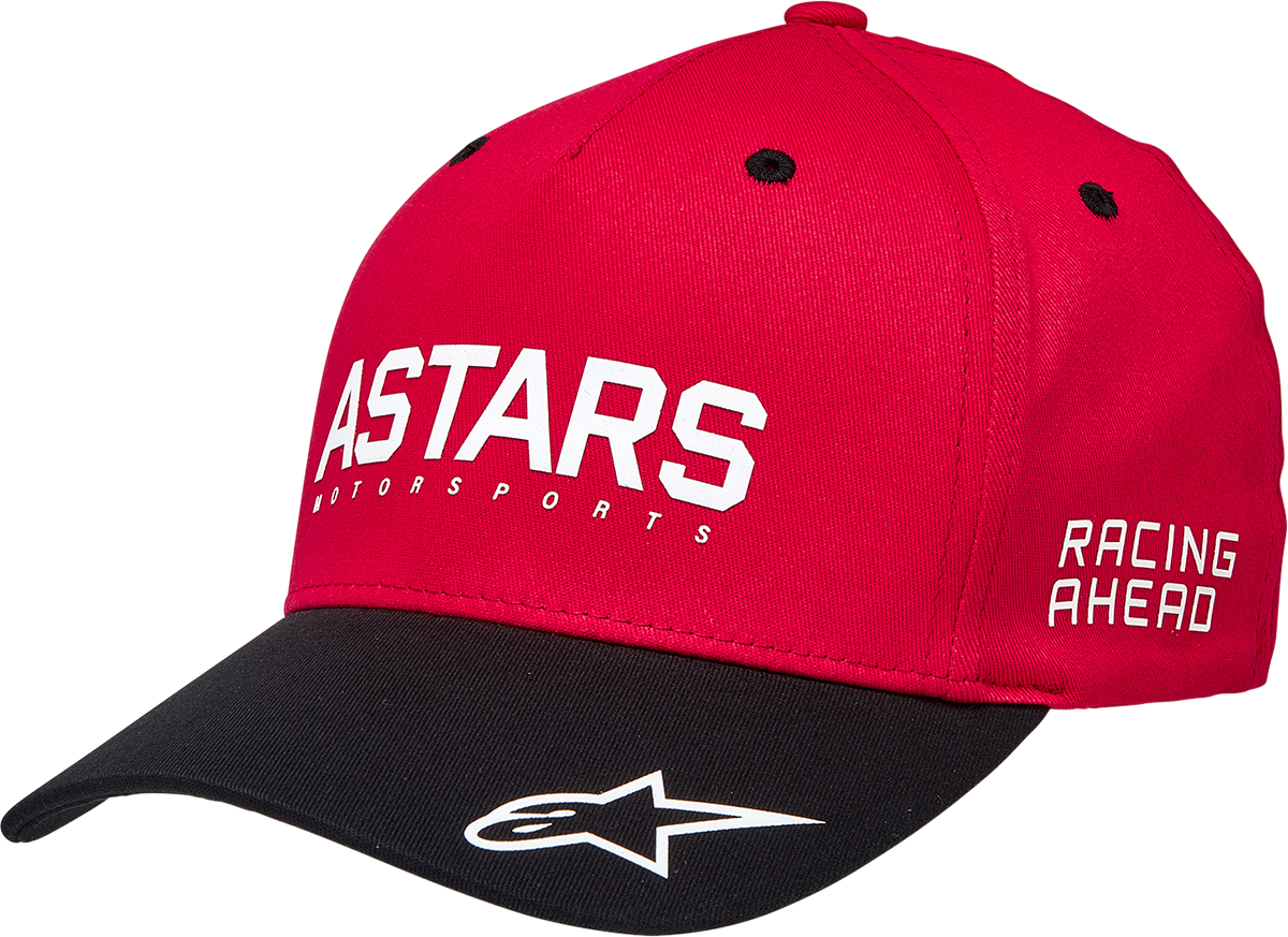 Red Alpinestars Placer hat in large/XL size, featuring a classic design and adjustable strap, on a neutral background.
