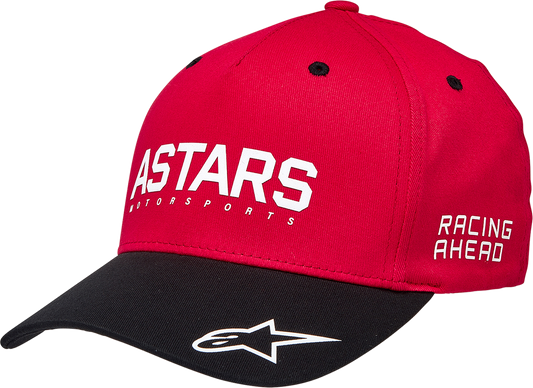Red Alpinestars Placer hat in large/XL size, featuring a classic design and adjustable strap, on a neutral background.
