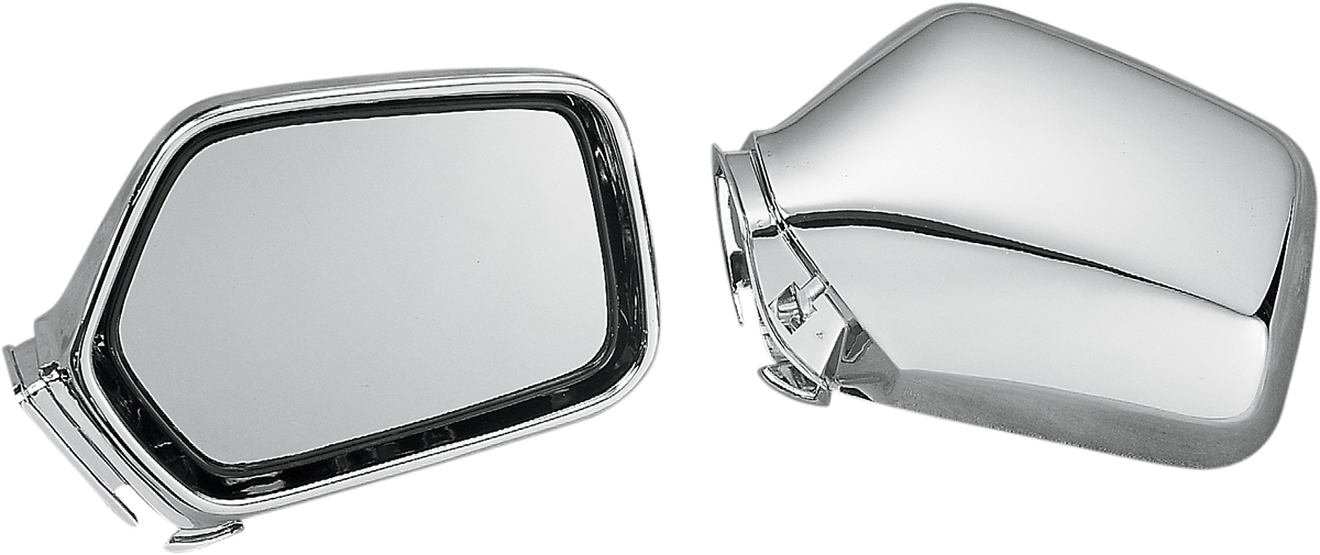 Chrome side view mirror for engine with rectangular shape, designed by Bill's Exhausts, featuring a sleek chrome finish.