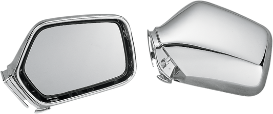 Chrome side view mirror for engine with rectangular shape, designed by Bill's Exhausts, featuring a sleek chrome finish.