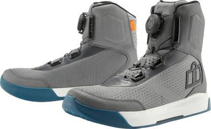 Gray ICON Overlord™ Vented CE motorcycle boots by Bill's Exhausts, size 14, with protective vents and rugged design.
