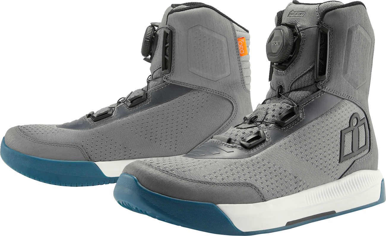 Gray ICON Overlord™ Vented CE motorcycle boots by Bill's Exhausts, size 11, featuring reinforced design and vented construction.