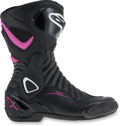 Alpinestars SMX-6 v2 vented motorcycle boots in black, pink, and white with US size 10, showcasing the protective design and ventilation.