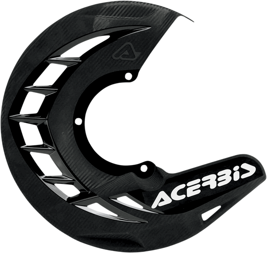 A black ACERBIS X-Brake disc cover mounted on a motorcycle, showcasing its protective body design and brand details.