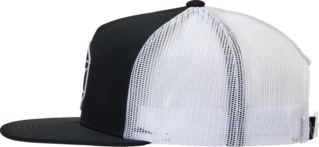 Black and white Alpinstars Bolt Trucker Hat featuring adjustable fit and logo patch, stylish and comfortable for casual wear.