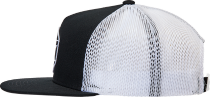 Black and white Alpinstars Bolt Trucker Hat featuring adjustable fit and logo patch, stylish and comfortable for casual wear.