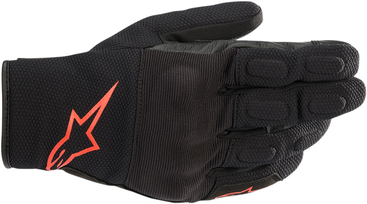 Alpinestars S-MAX Drystar gloves in black and fluo red with protective padding, small size, designed for motorcycle riding.