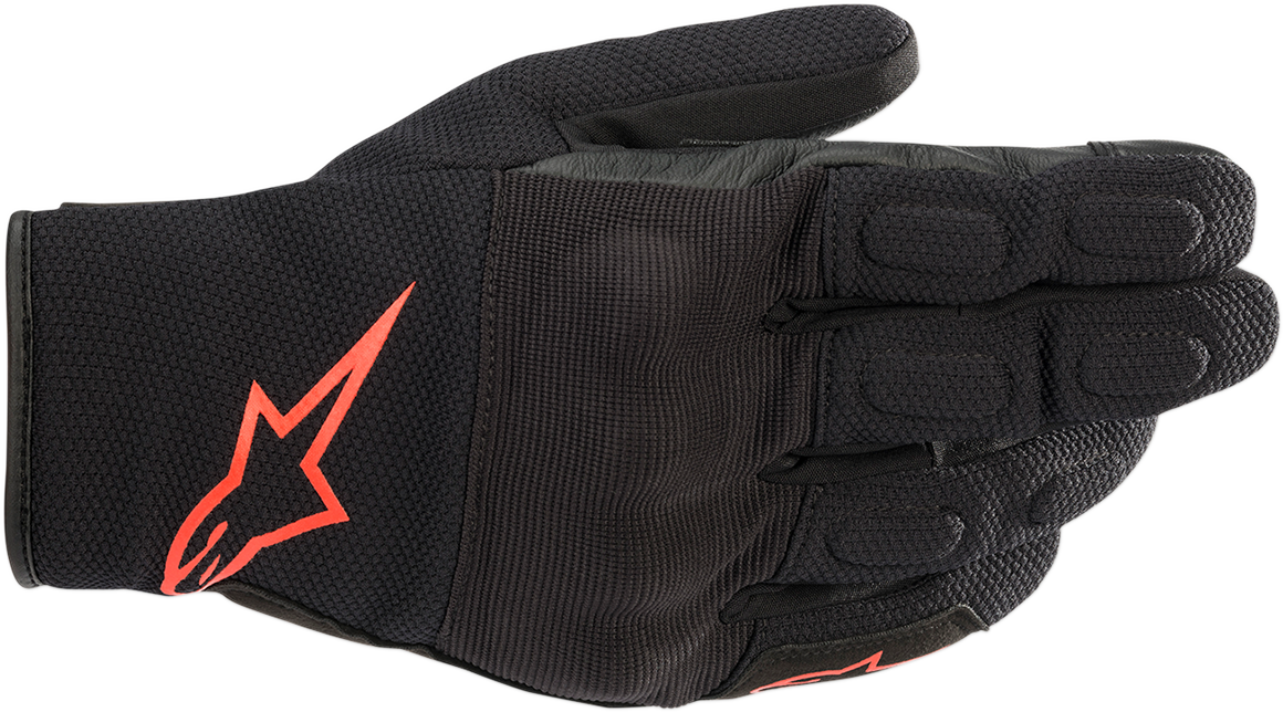 Alpinestars S-MAX Drystar gloves in black and fluo red, 2XL size, showing the protective riding glove with branding and vibrant color accents.
